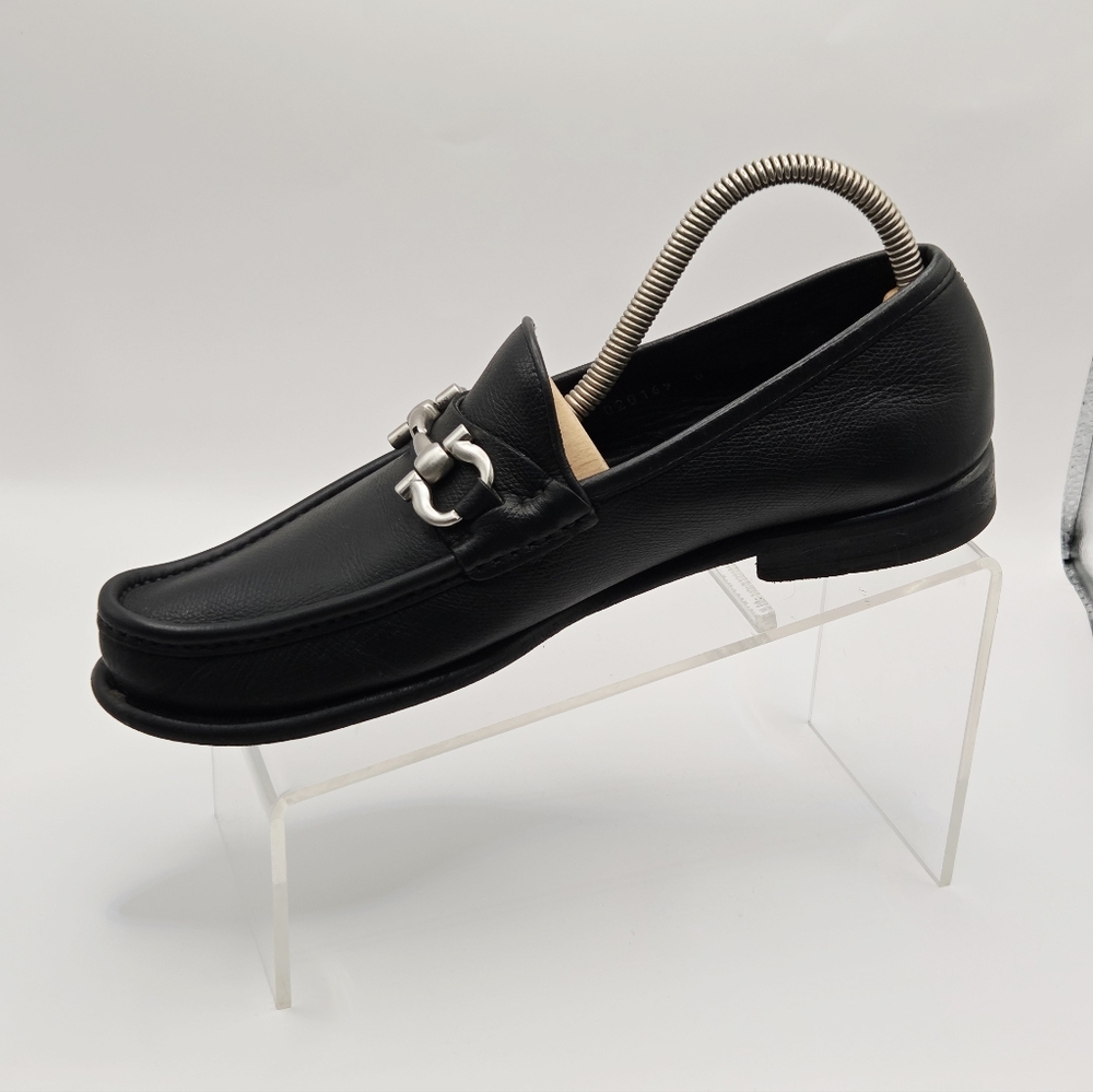 Salvatore Ferragamo Gancini Logo Leather Black Dress Loafers Mens Size 8D Shoes - Picture 4 of 16